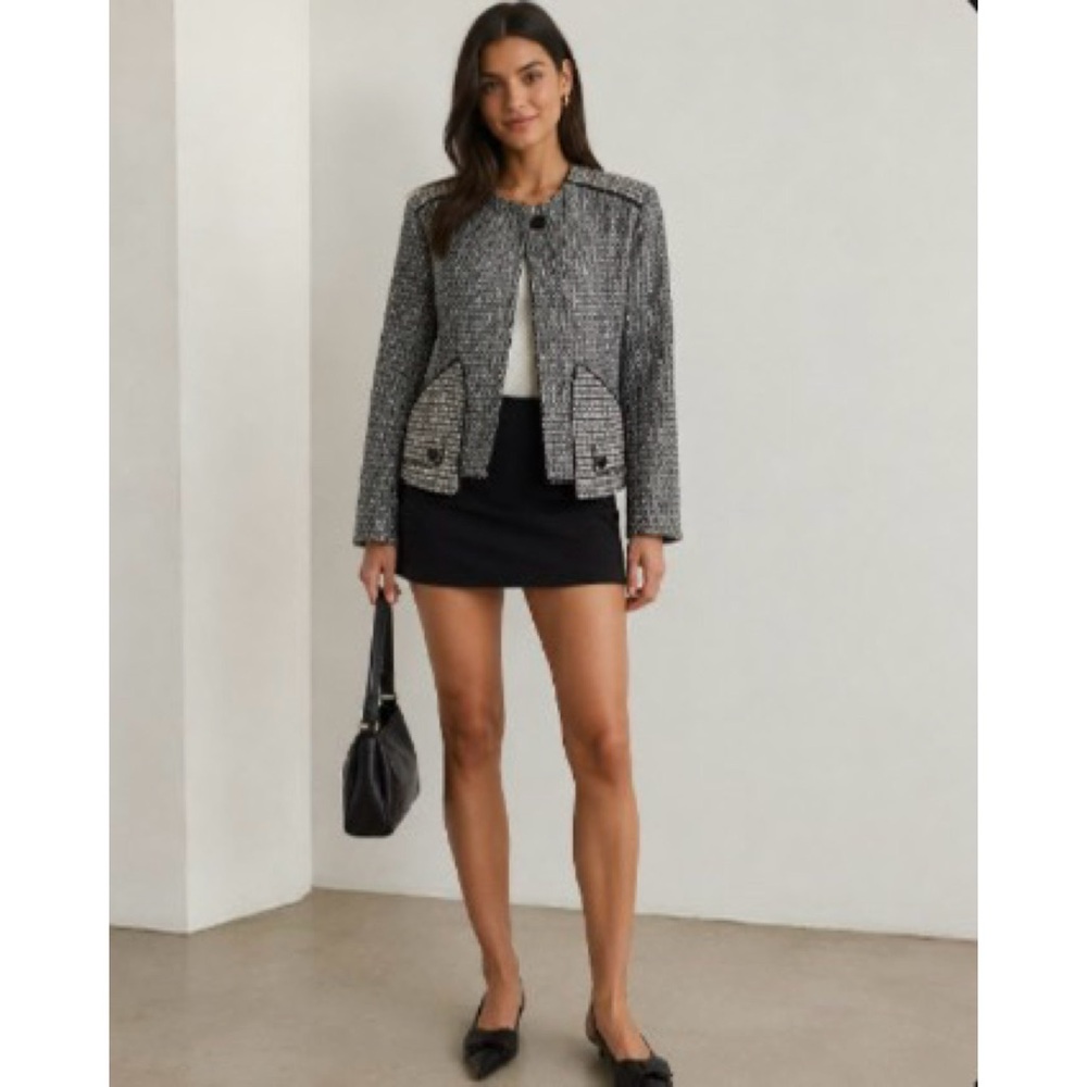 Sandro Black Silver Metallic Tweed Voyage Jacket Front Zip Cropped Size 6 NWT